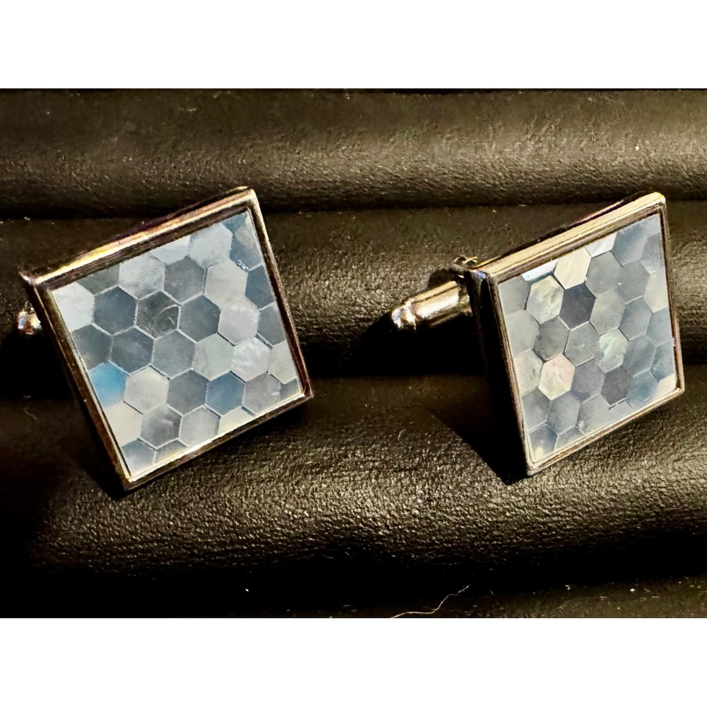 Silver Tone Honeycomb Inlaid Cufflinks 17mm Ocean Blue Grey Mens Square Coastal